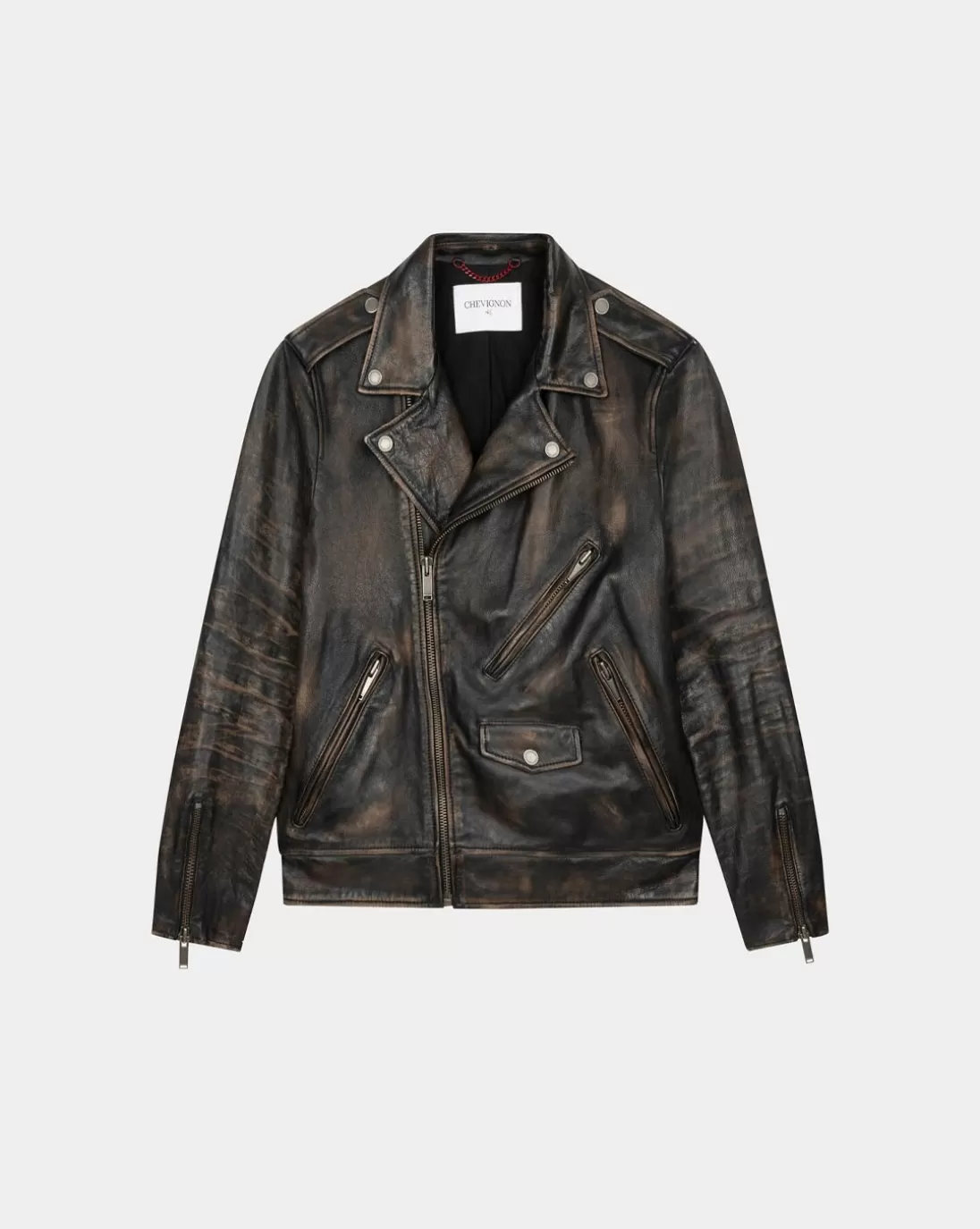 Chevignon Blouson En Cuir Biker Blouson En Cuir Vieilli