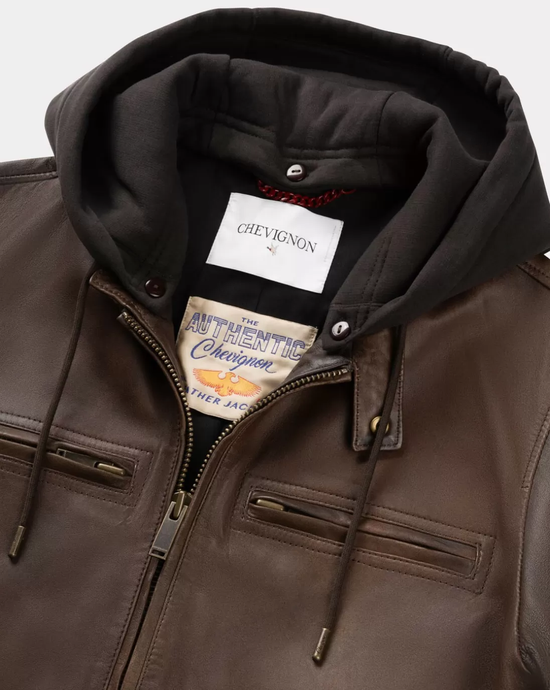 Chevignon Blouson En Cuir Wheel Cacao Blouson En Cuir Avec Capuche Amovible